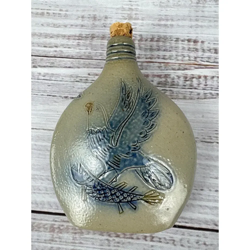 VTG Wisconsin Potter Co Corked Decanter Blue Salt Glaze Eagle Fish 6